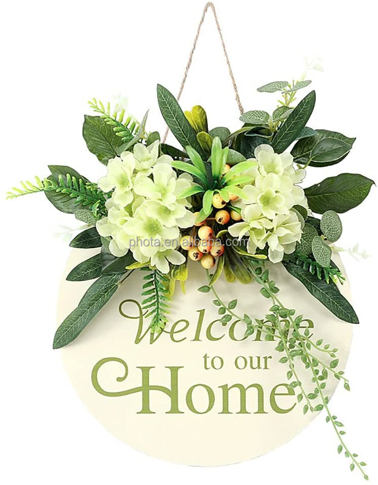 Round Wood Welcome Sign for Front Door Decor with "Home" Sign and Green Flowers Wreaths Hanging Sign