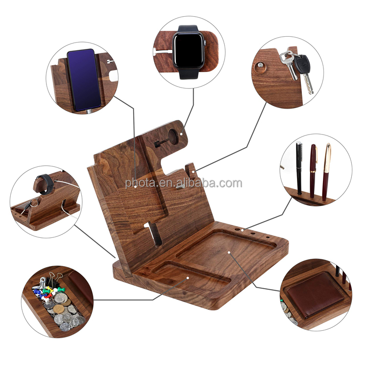 Engraved Ebony Wood Phone Docking Station - Nightstand with Key Holder, Wallet Stand and Watch Organizer