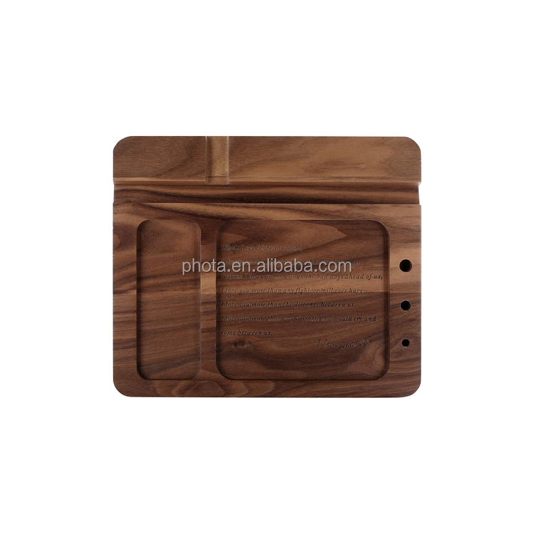 Engraved Ebony Wood Phone Docking Station - Nightstand with Key Holder, Wallet Stand and Watch Organizer