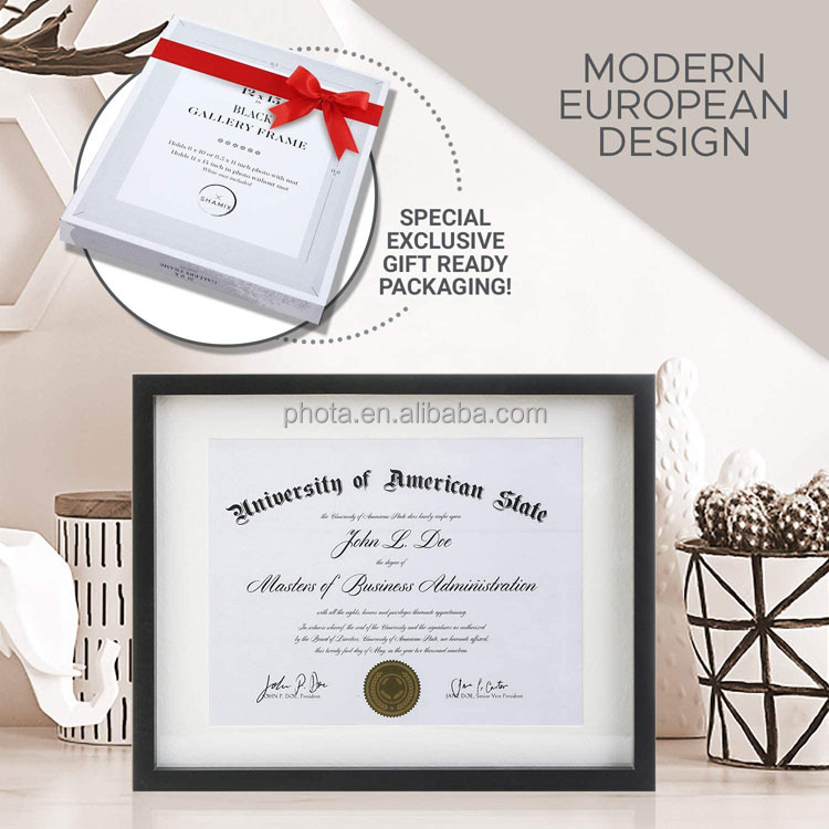 Matte Black Diploma Frame Solid Wood 11x14 with Adhesive Wall Hooks, Nail Hooks, 2 White Mats Sized: 8.5x11 or 8x10