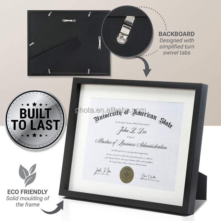 Matte Black Diploma Frame Solid Wood 11x14 with Adhesive Wall Hooks, Nail Hooks, 2 White Mats Sized: 8.5x11 or 8x10