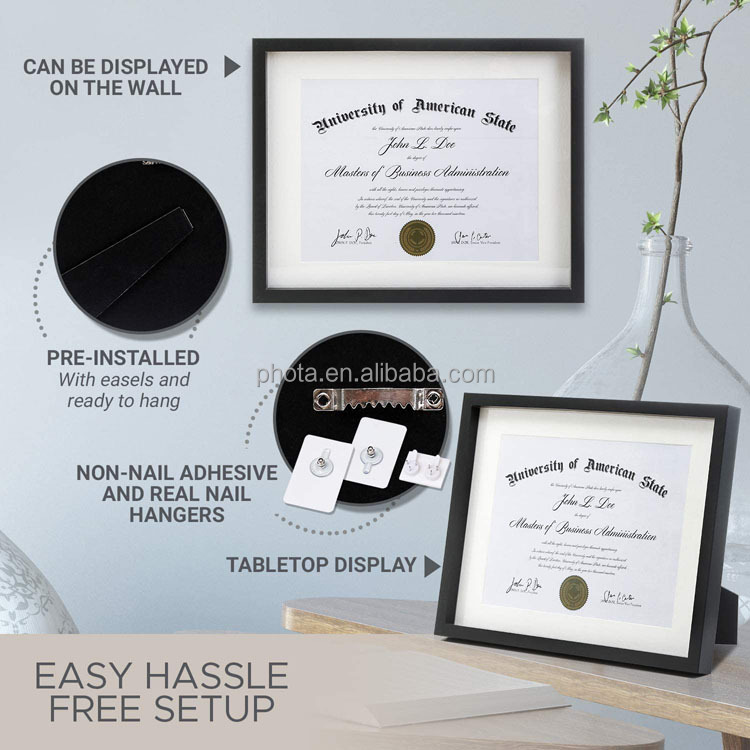 Matte Black Diploma Frame Solid Wood 11x14 with Adhesive Wall Hooks, Nail Hooks, 2 White Mats Sized: 8.5x11 or 8x10
