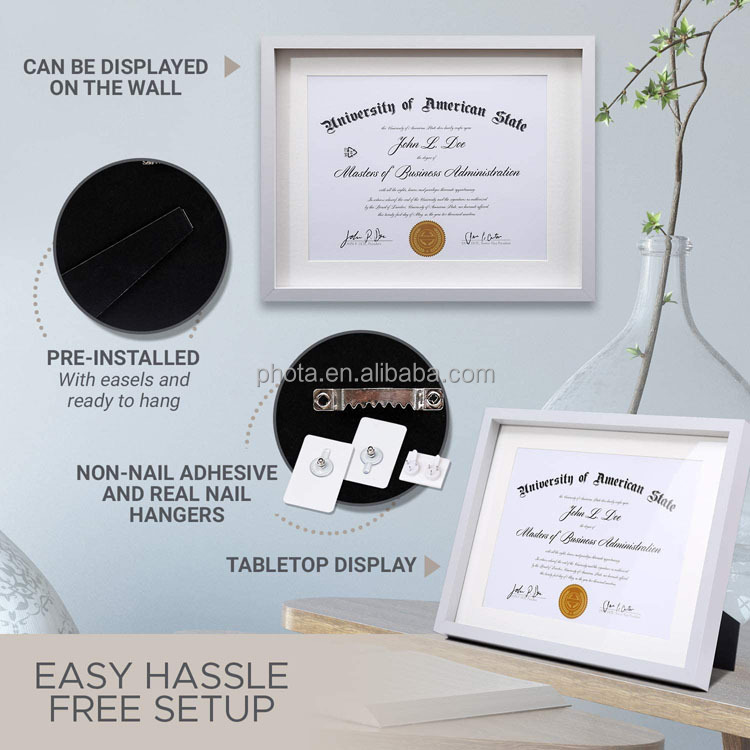 Matte Black Diploma Frame Solid Wood 11x14 with Adhesive Wall Hooks, Nail Hooks, 2 White Mats Sized: 8.5x11 or 8x10