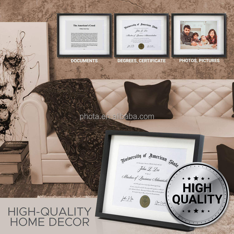 Matte Black Diploma Frame Solid Wood 11x14 with Adhesive Wall Hooks, Nail Hooks, 2 White Mats Sized: 8.5x11 or 8x10