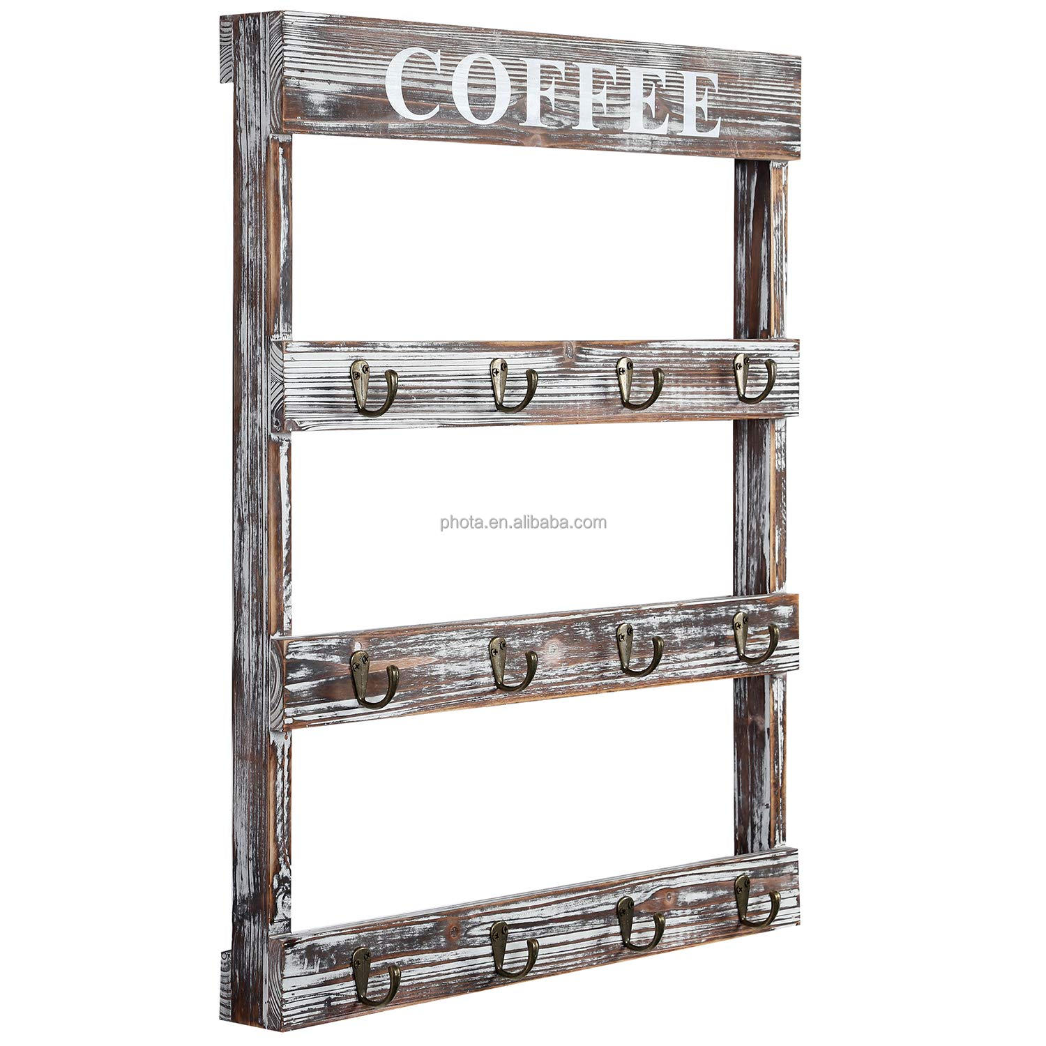 PHOTA Rustic Wood Wall-Mounted Cup Organizer Display Storage Rack Coffee Mug Holder with 12 Hooks