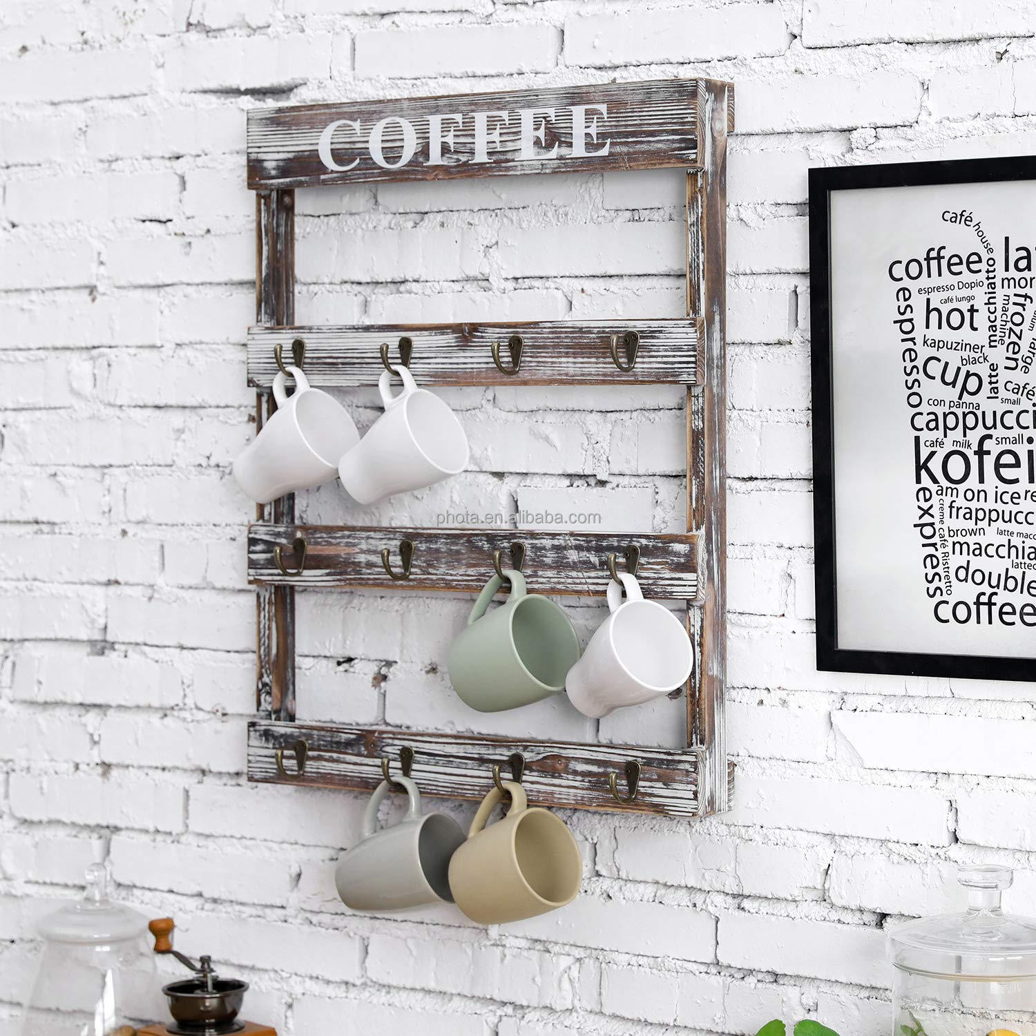 PHOTA Rustic Wood Wall-Mounted Cup Organizer Display Storage Rack Coffee Mug Holder with 12 Hooks