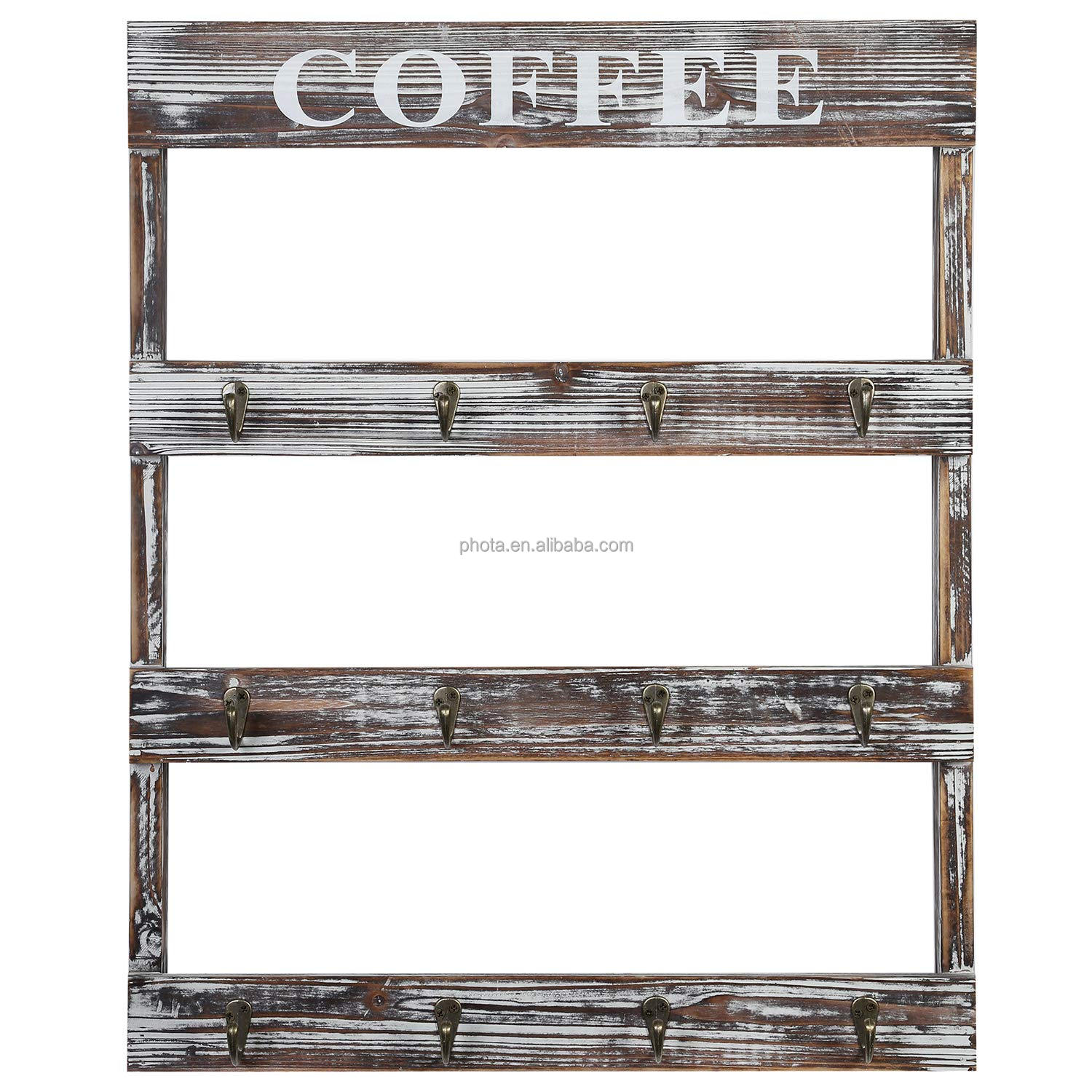 PHOTA Rustic Wood Wall-Mounted Cup Organizer Display Storage Rack Coffee Mug Holder with 12 Hooks