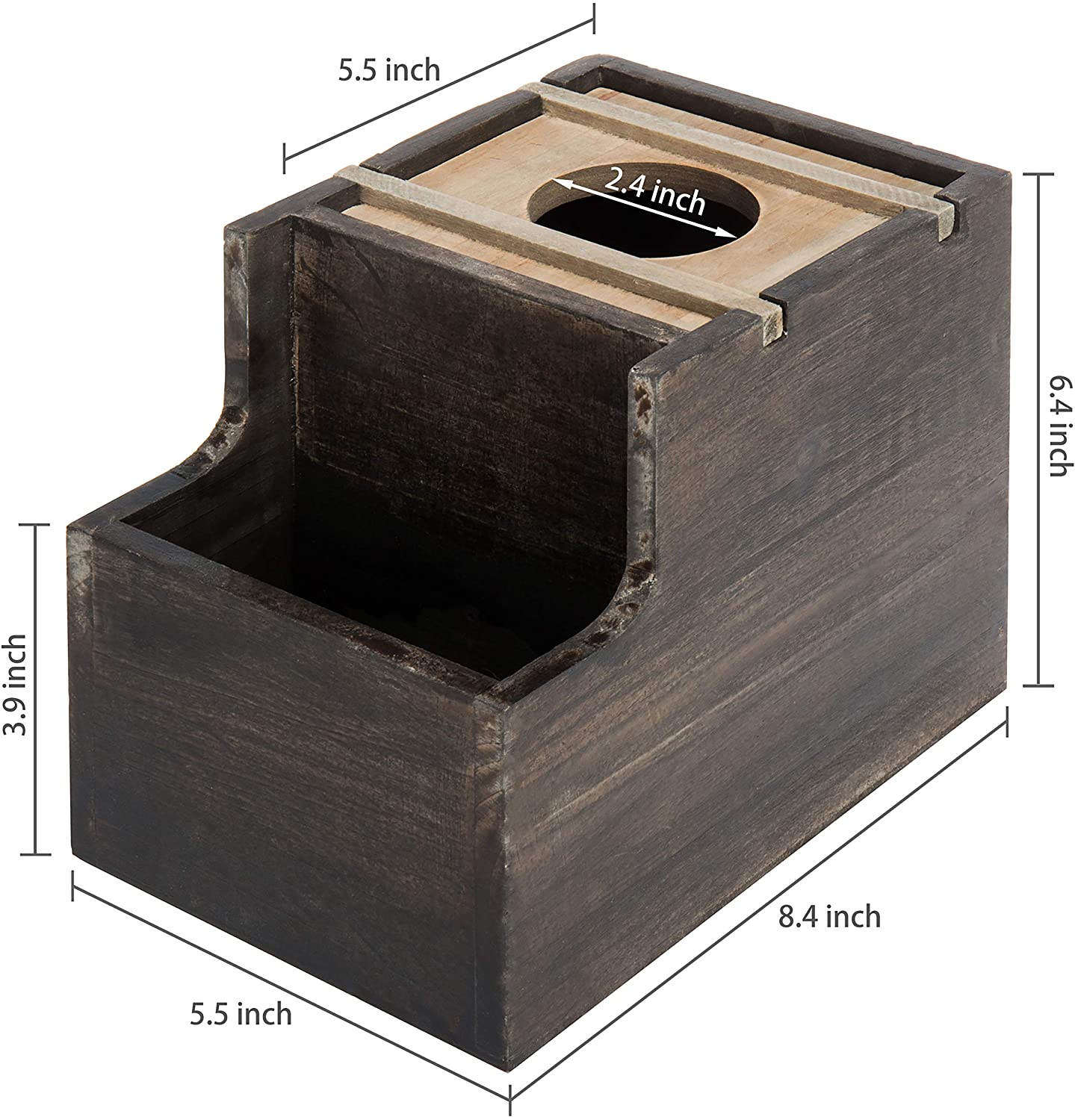 Rustic Two-Tone Wood Square Tissue Box Cover with Vanity Organizer
