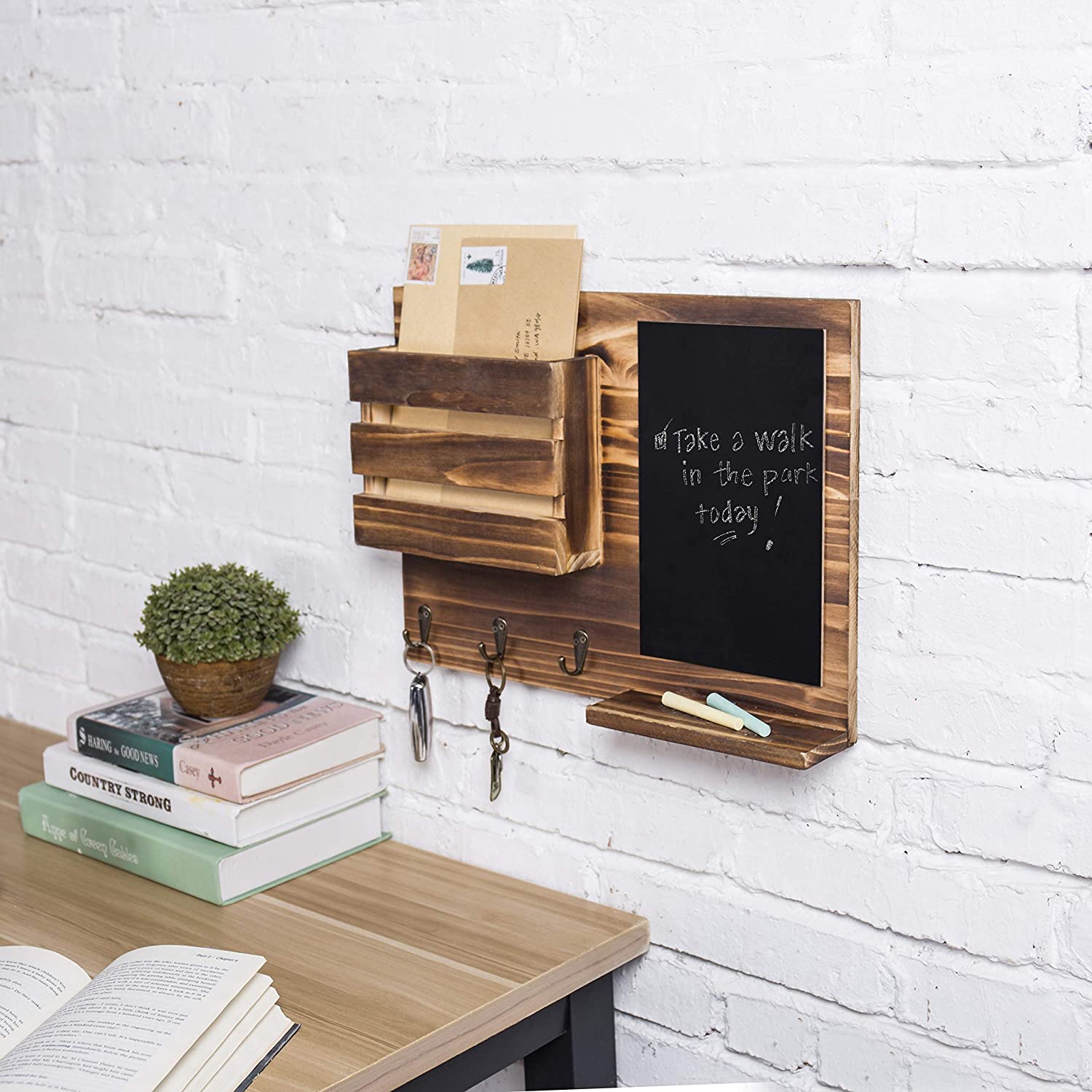 PHOTA High Quality Wooden Mail Sorter Organizer Wall Mounted Mail Holder with Chalkboard & 3 Key Hooks