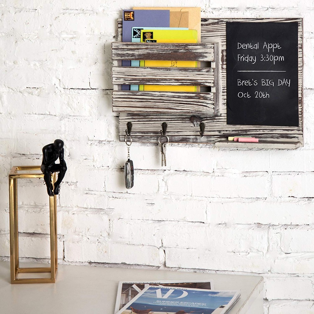 PHOTA High Quality Wooden Mail Sorter Organizer Wall Mounted Mail Holder with Chalkboard & 3 Key Hooks