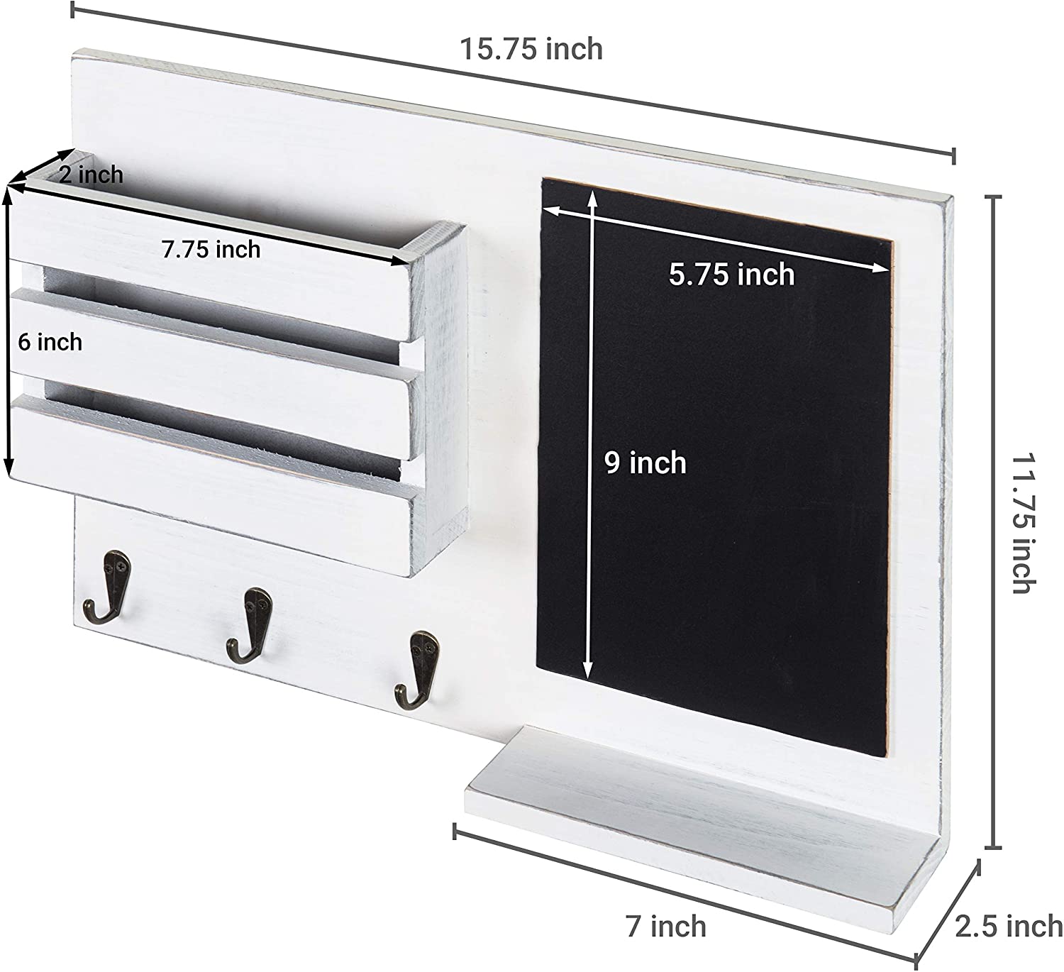 PHOTA High Quality Wooden Mail Sorter Organizer Wall Mounted Mail Holder with Chalkboard & 3 Key Hooks