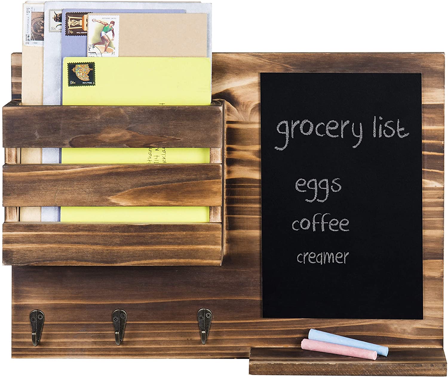 PHOTA High Quality Wooden Mail Sorter Organizer Wall Mounted Mail Holder with Chalkboard & 3 Key Hooks