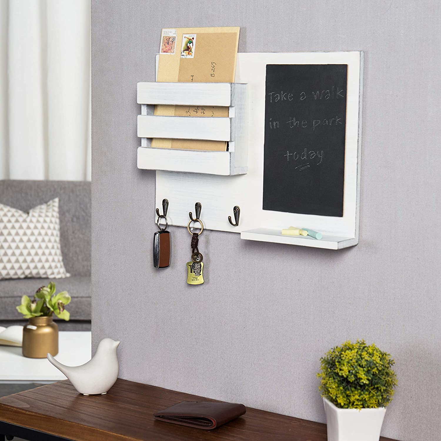 PHOTA High Quality Wooden Mail Sorter Organizer Wall Mounted Mail Holder with Chalkboard & 3 Key Hooks