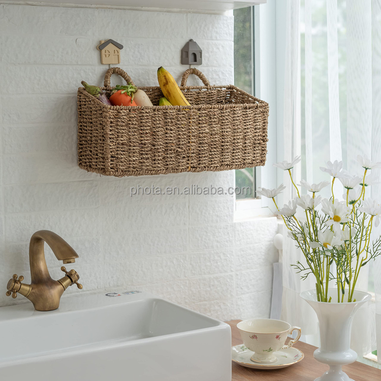 Home Rattan Hanging Storage Basket Natural Wall Mounted Magazine Basket