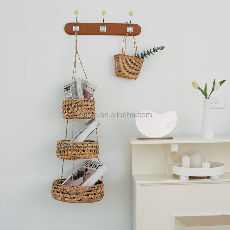 Home Rattan Hanging Storage Basket Natural Wall Mounted Magazine Basket
