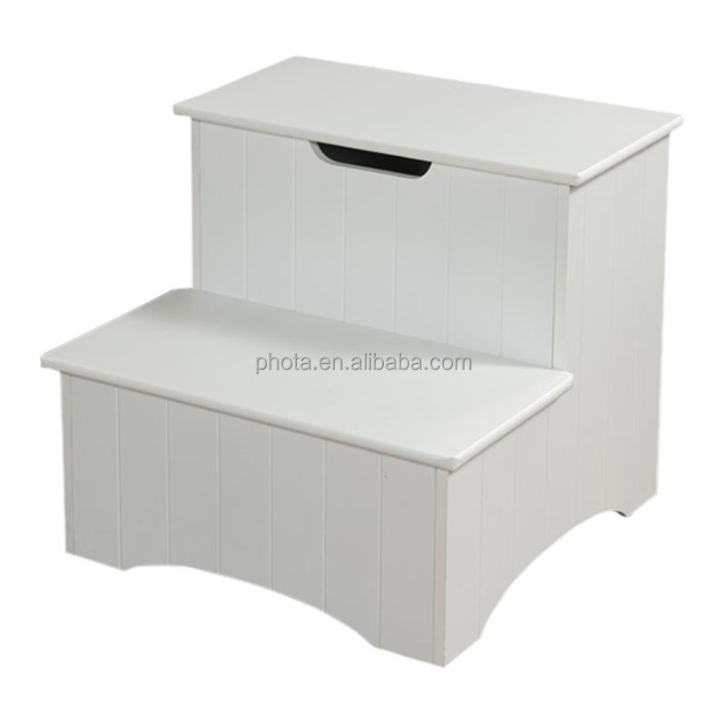 Factory Direct Selling Large White Black Finish Wood Bedroom Step Stool With Storage 2 Step Stool