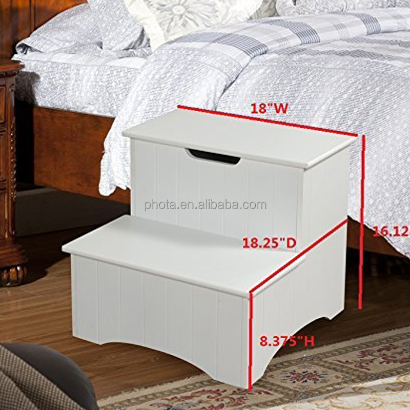 Factory Direct Selling Large White Black Finish Wood Bedroom Step Stool With Storage 2 Step Stool
