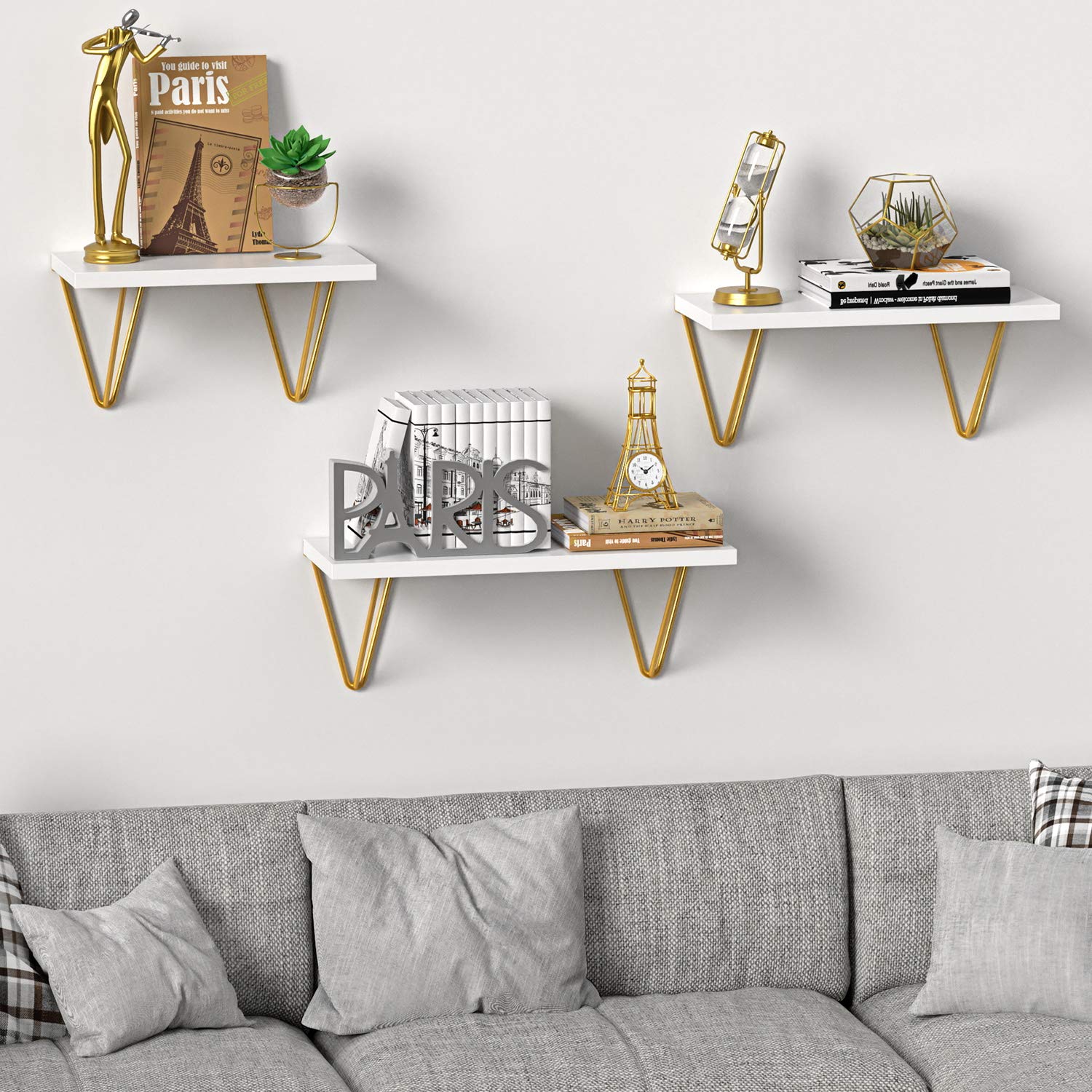 PHOTA- Metal Brackets Floating Shelf Hanging Wall Mounted Shelf Golden Elegant Wall Decoration Wood Living Room Furniture Modern