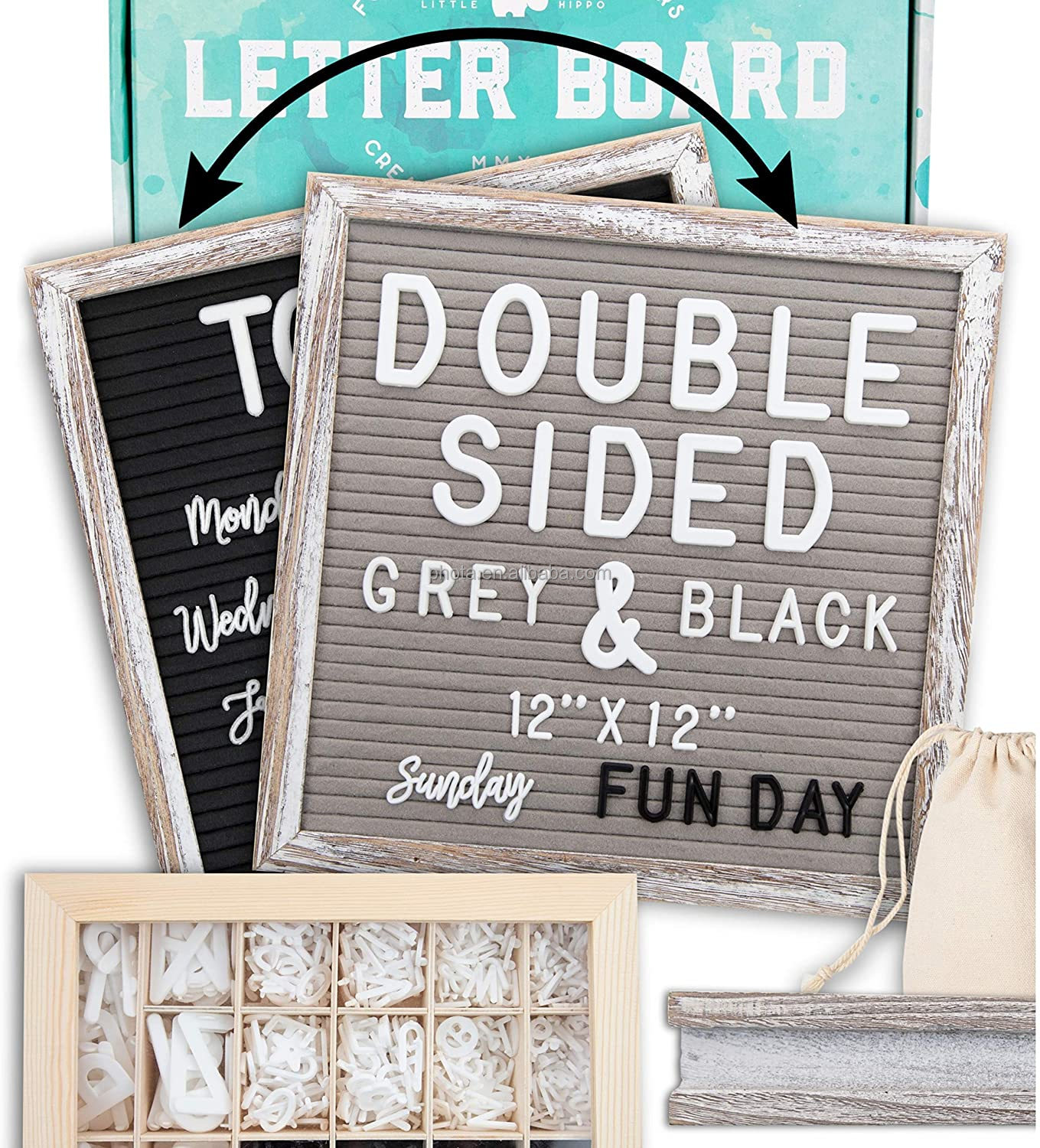 Letter Board 12"x12" Rustic Double Sided (Black & Gray) +690 Pre-Cut Letters Upgraded Wooden Sorting Tray