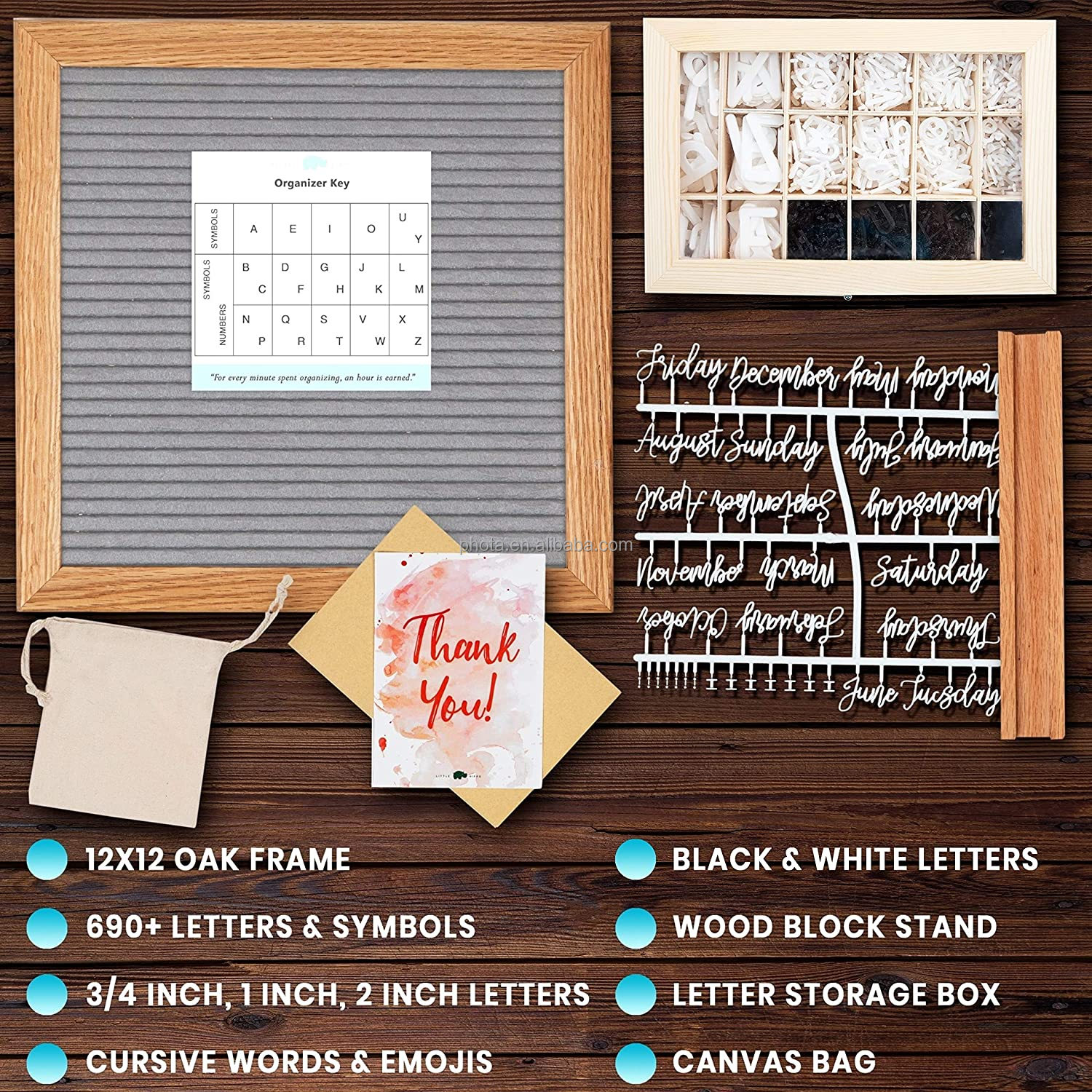 Letter Board 12"x12" Rustic Double Sided (Black & Gray) +690 Pre-Cut Letters Upgraded Wooden Sorting Tray