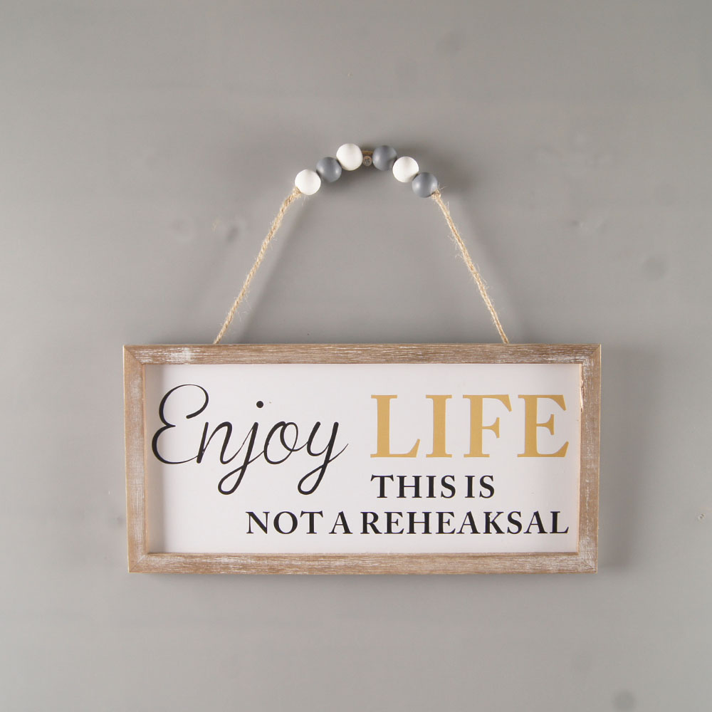 Wood Wall Plaque Sign with Natural Wood Bead String Hanger