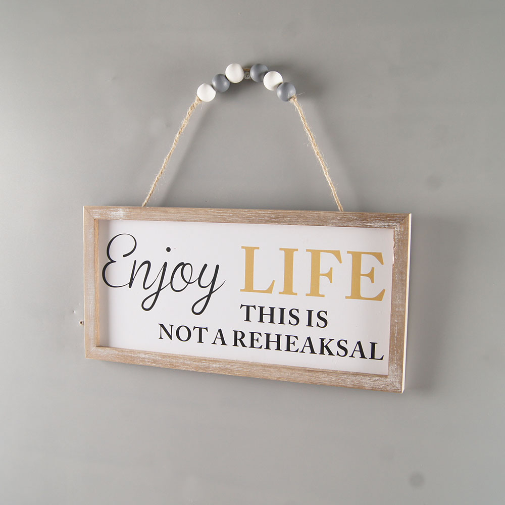 Wood Wall Plaque Sign with Natural Wood Bead String Hanger