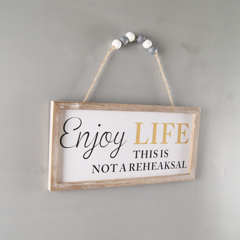 Wood Wall Plaque Sign with Natural Wood Bead String Hanger