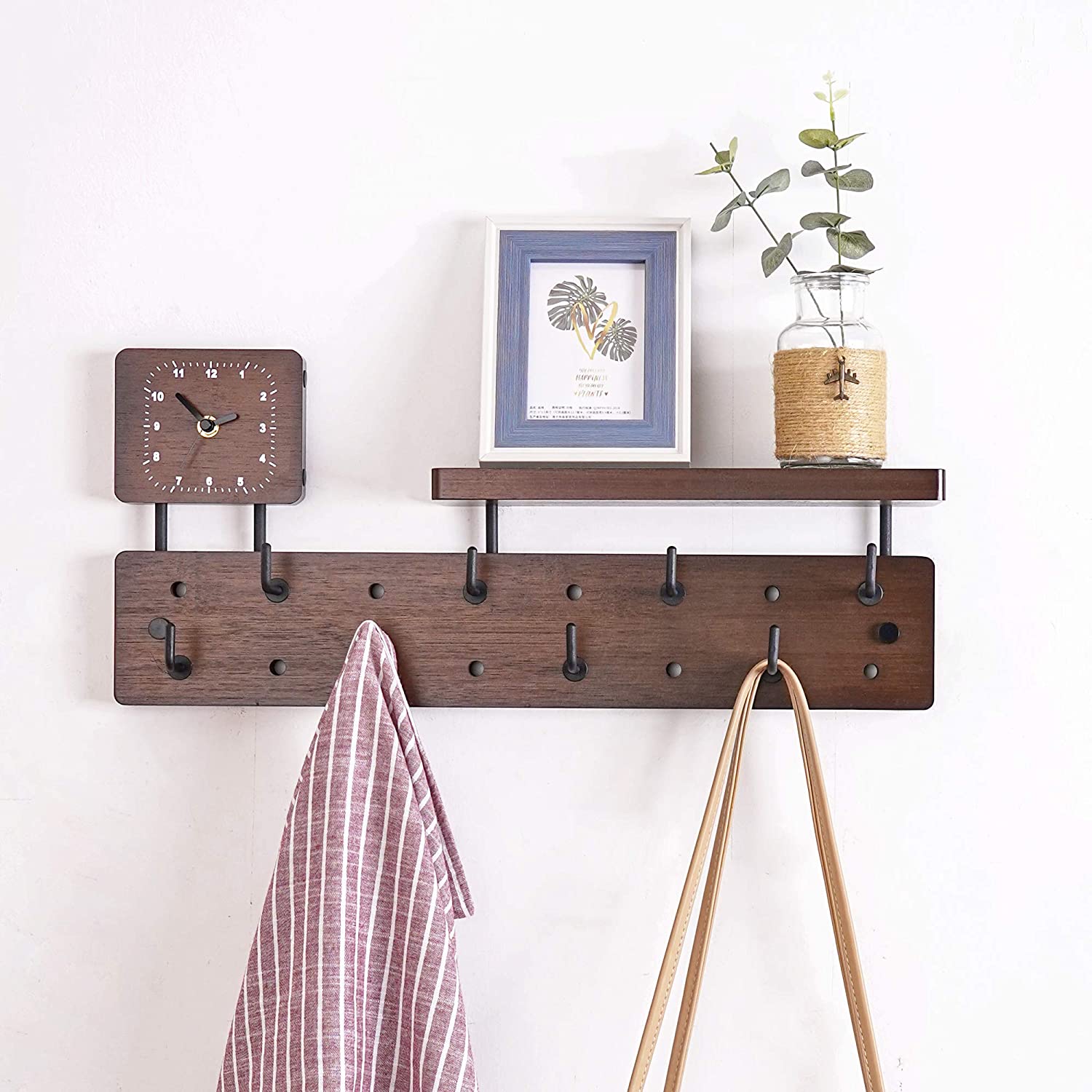 PHOTA Entryway Coat Hooks with Shelf and Clock, Wall-Mounted Hanging Rack Entryway Decor