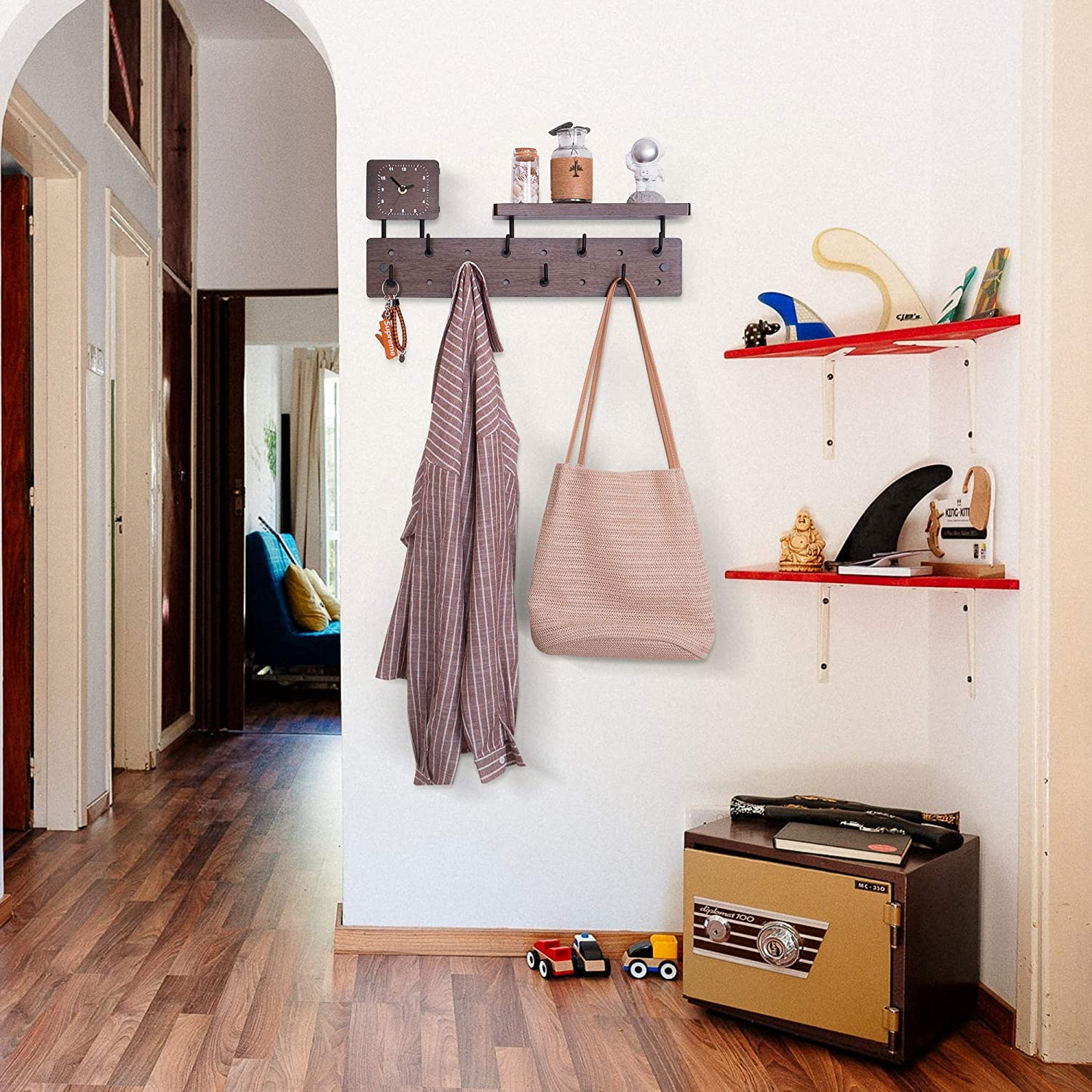 PHOTA Entryway Coat Hooks with Shelf and Clock, Wall-Mounted Hanging Rack Entryway Decor