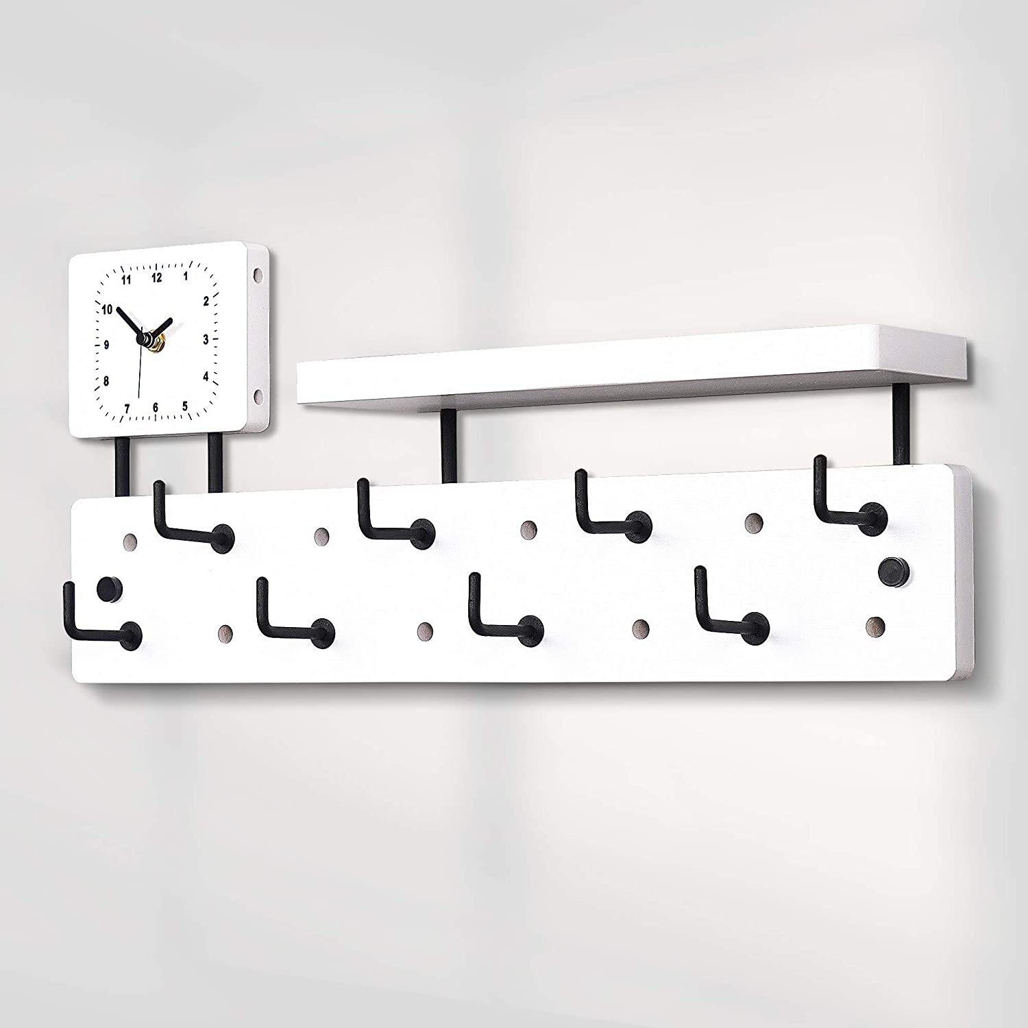 PHOTA Entryway Coat Hooks with Shelf and Clock, Wall-Mounted Hanging Rack Entryway Decor