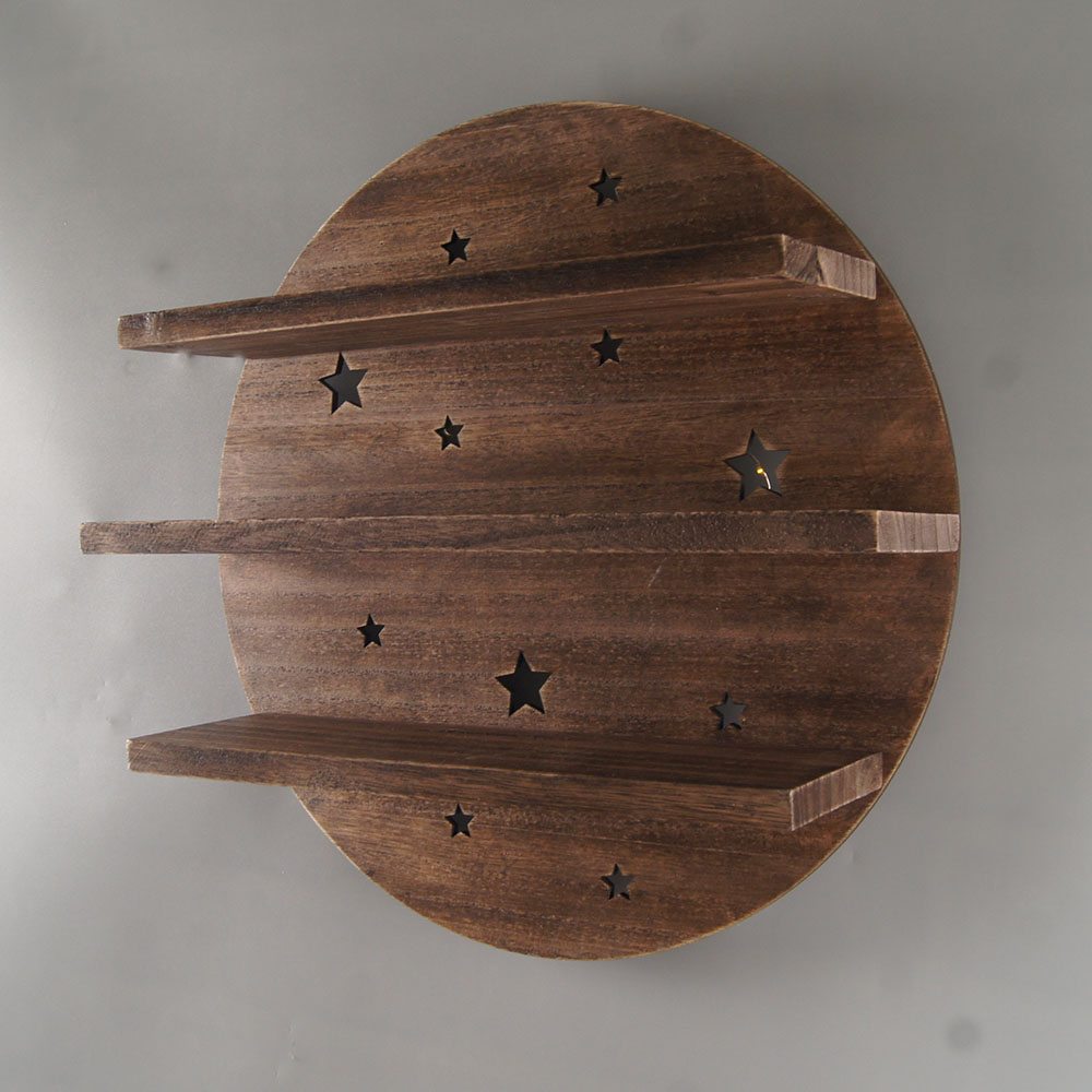 Rustic Moon Shelf with LED Lights and Stars Wooden Wall