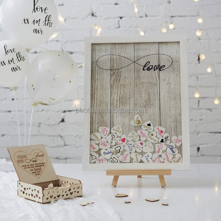 Wedding Guest Book Wooden Picture Frame Drop Top Frame Sign Book with 100PCS Wooden Hearts Rustic Wedding Decorations