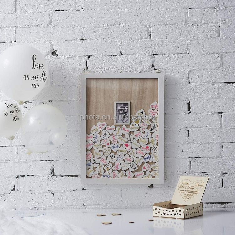 Wedding Guest Book Wooden Picture Frame Drop Top Frame Sign Book with 100PCS Wooden Hearts Rustic Wedding Decorations
