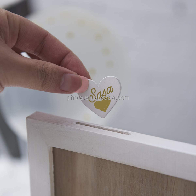 Wedding Guest Book Wooden Picture Frame Drop Top Frame Sign Book with 100PCS Wooden Hearts Rustic Wedding Decorations