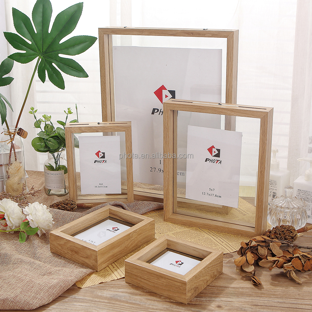 Factory price wholesale transparent double sided glass picture wooden frame and acrylic floating photo frame