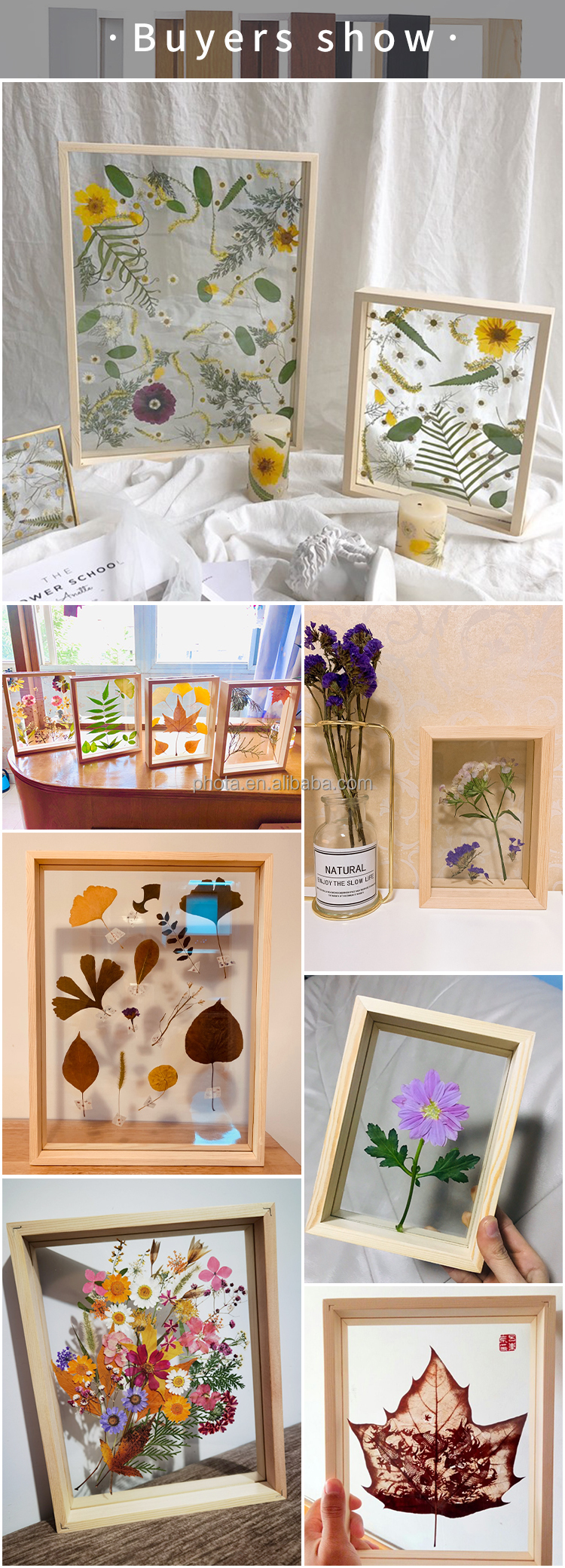 Factory price wholesale transparent double sided glass picture wooden frame and acrylic floating photo frame