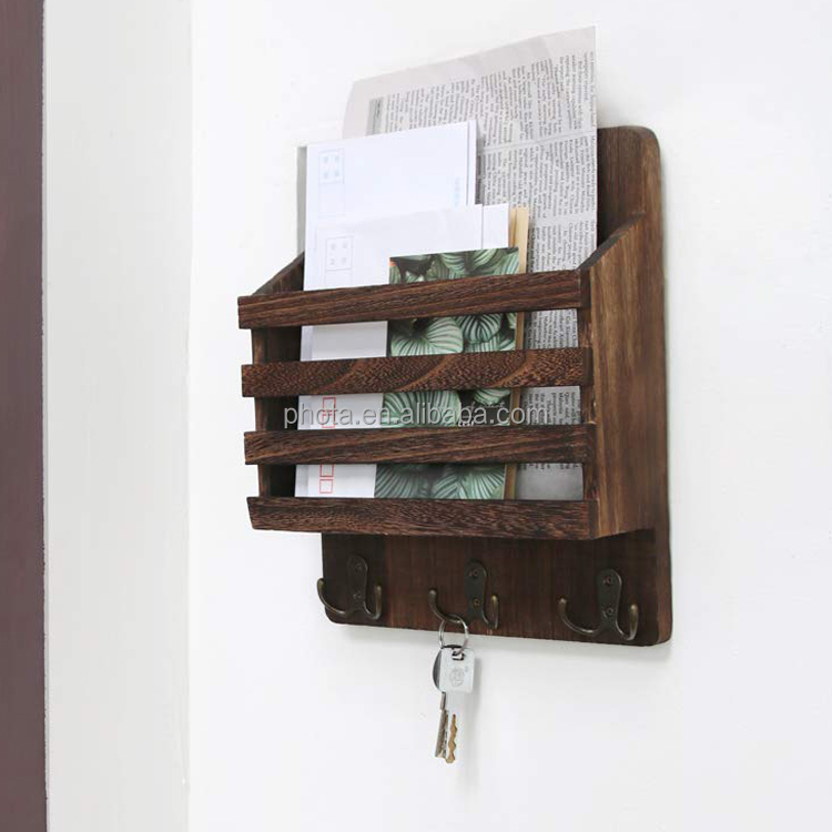 PHOTA High Quality Wooden Mail Sorter Organizer Wall Mounted Mail Holder with 3 Double Key Hooks