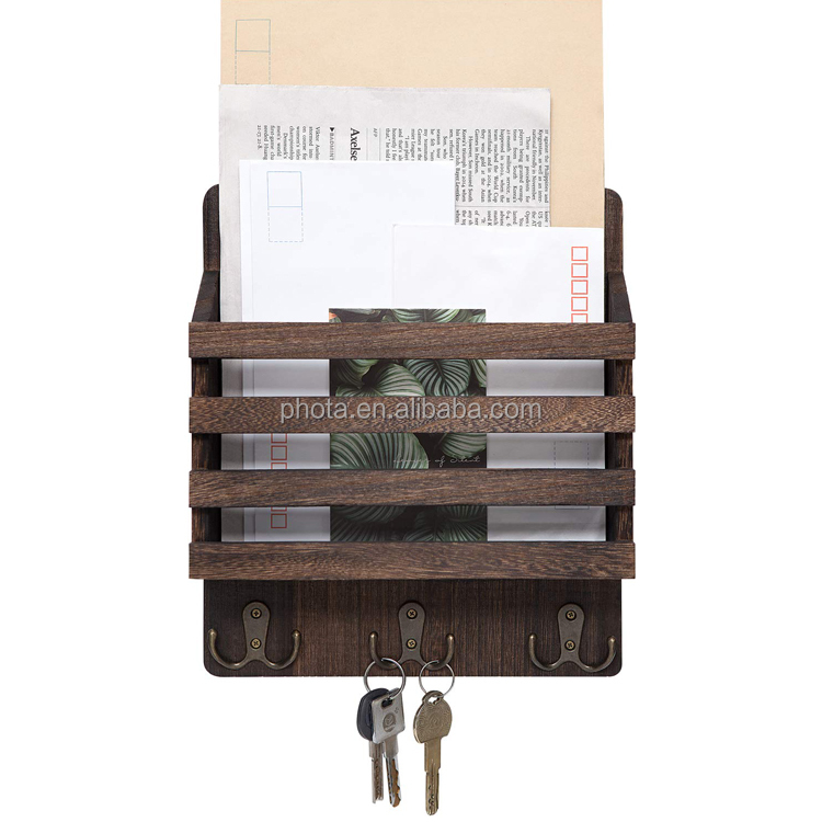 PHOTA High Quality Wooden Mail Sorter Organizer Wall Mounted Mail Holder with 3 Double Key Hooks