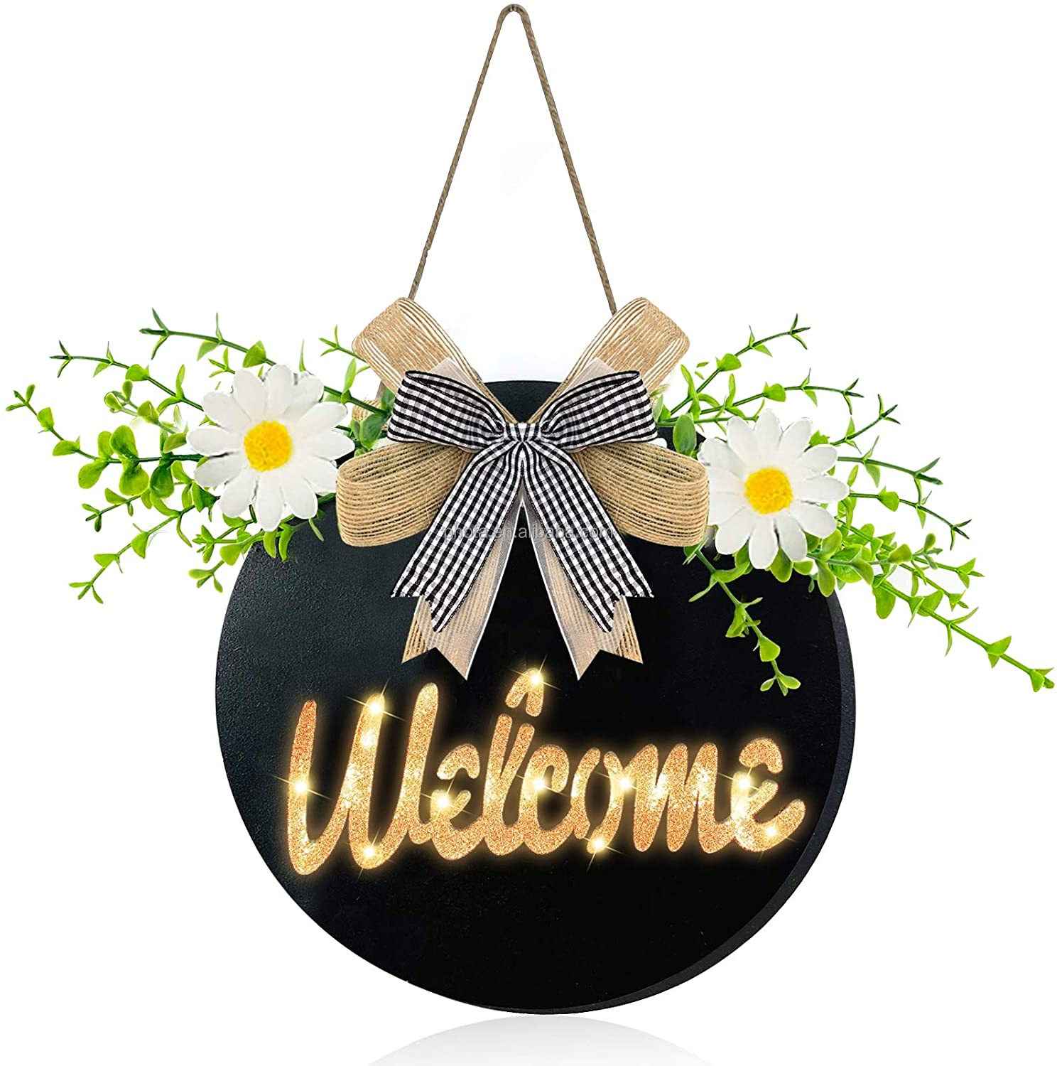 Door Decor Welcome sign for house Welcome Wreath Sign with Timer for Front Door Porch Decor Hanging Round Wooden Sign