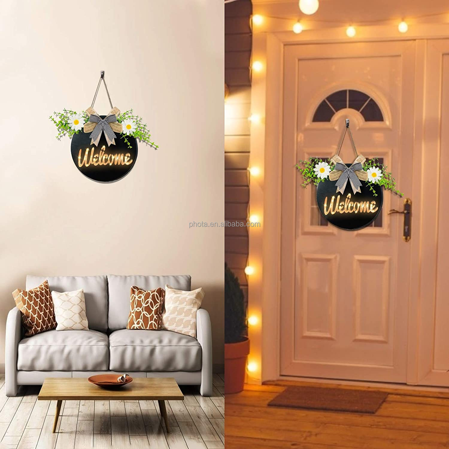 Door Decor Welcome sign for house Welcome Wreath Sign with Timer for Front Door Porch Decor Hanging Round Wooden Sign