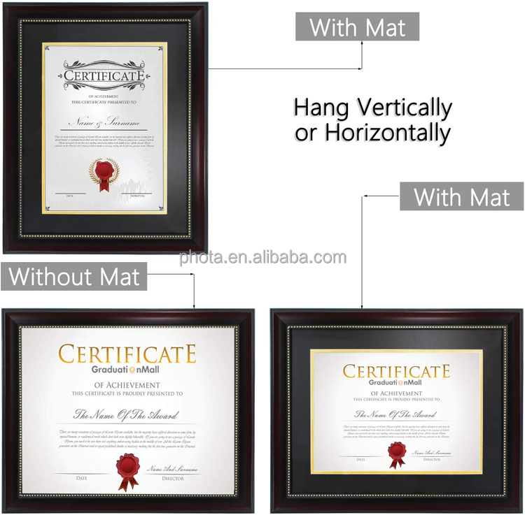 8.5x11 Diploma Frame with Black Over Gold Mat or Display 11x14 Document Without Mat