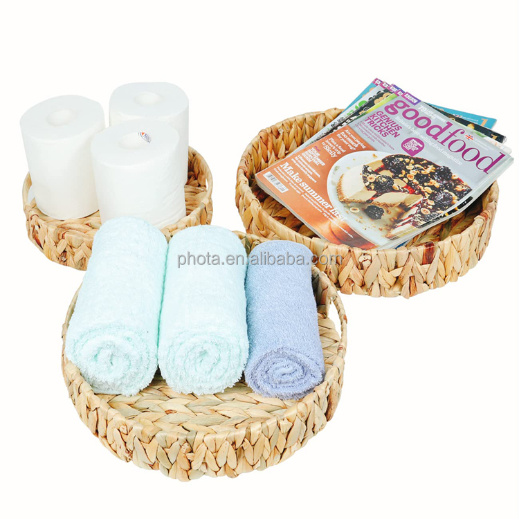 Set of 3 Different Sizes Round Rattan Woven Serving Tray  Water Hyacinth Storage Baskets with Handles