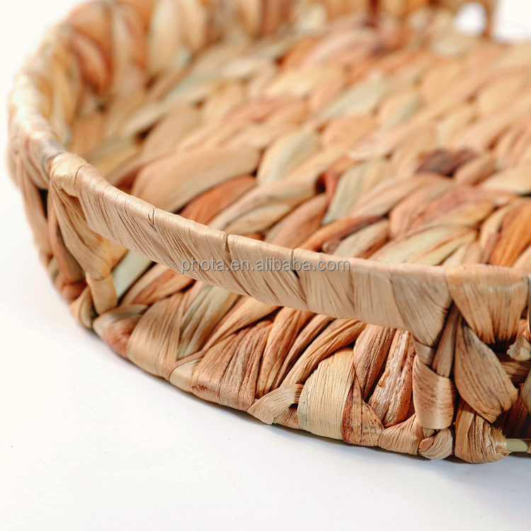 Set of 3 Different Sizes Round Rattan Woven Serving Tray  Water Hyacinth Storage Baskets with Handles