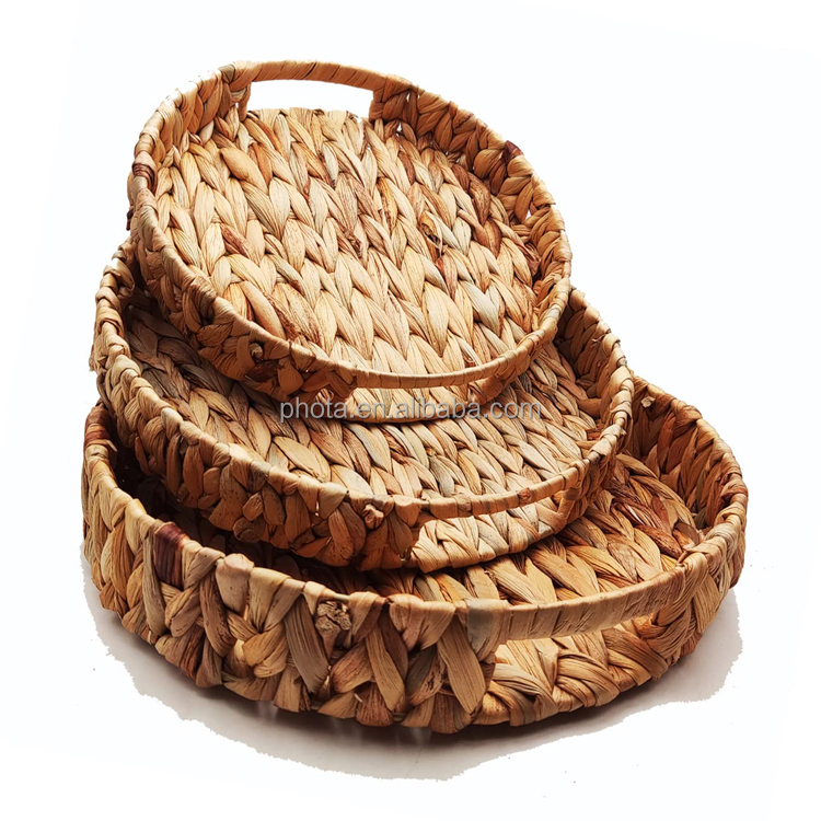 Set of 3 Different Sizes Round Rattan Woven Serving Tray Water Hyacinth Storage Baskets with Handles