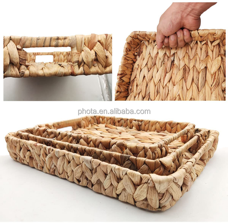 Set of 3 Different Sizes Round Rattan Woven Serving Tray Water Hyacinth Storage Baskets with Handles