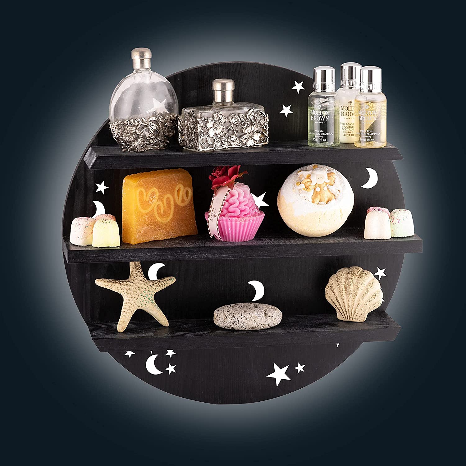 Moon Shelf with LED Lights and Stars Wooden Wall