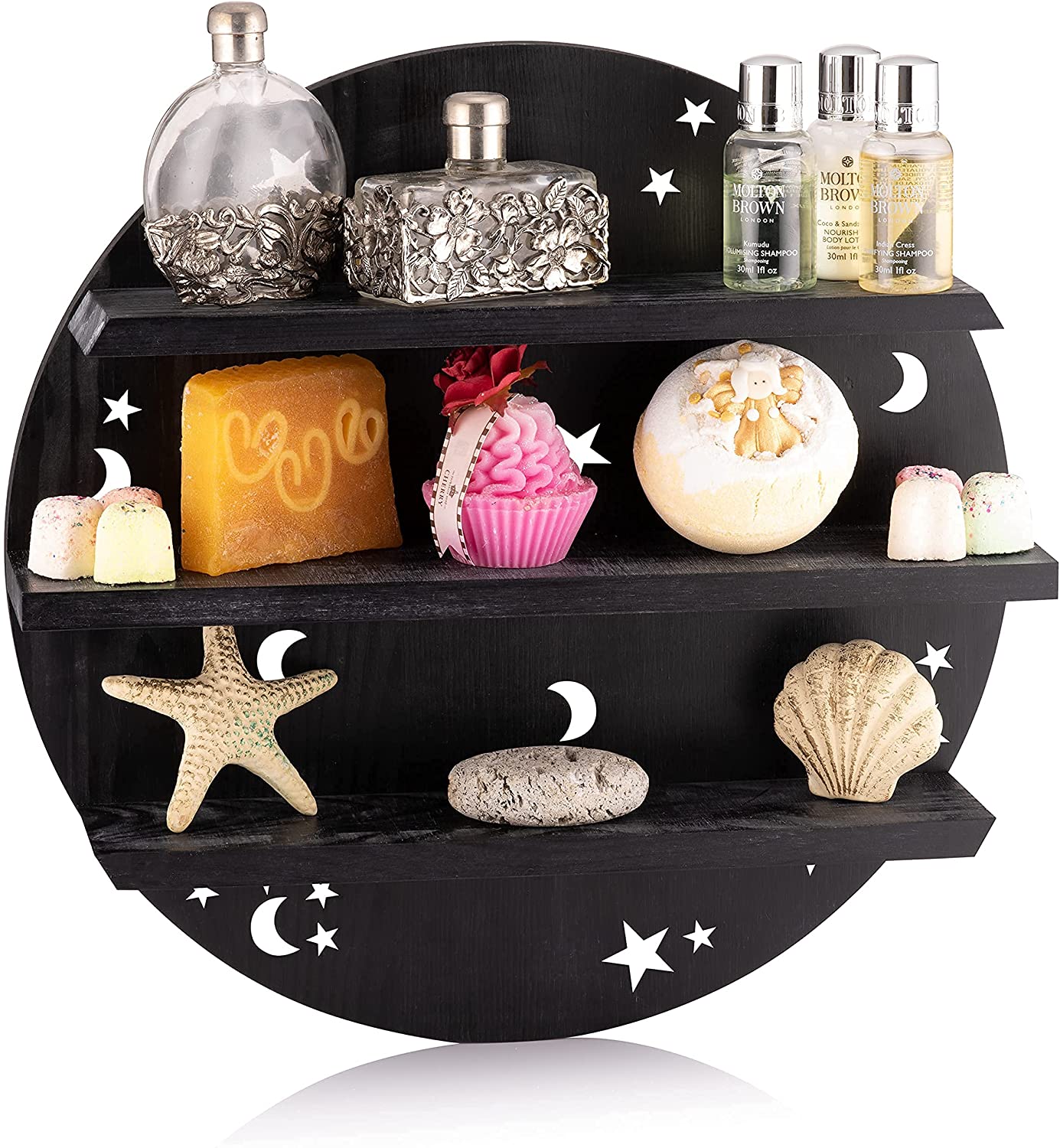 Moon Shelf with LED Lights and Stars Wooden Wall