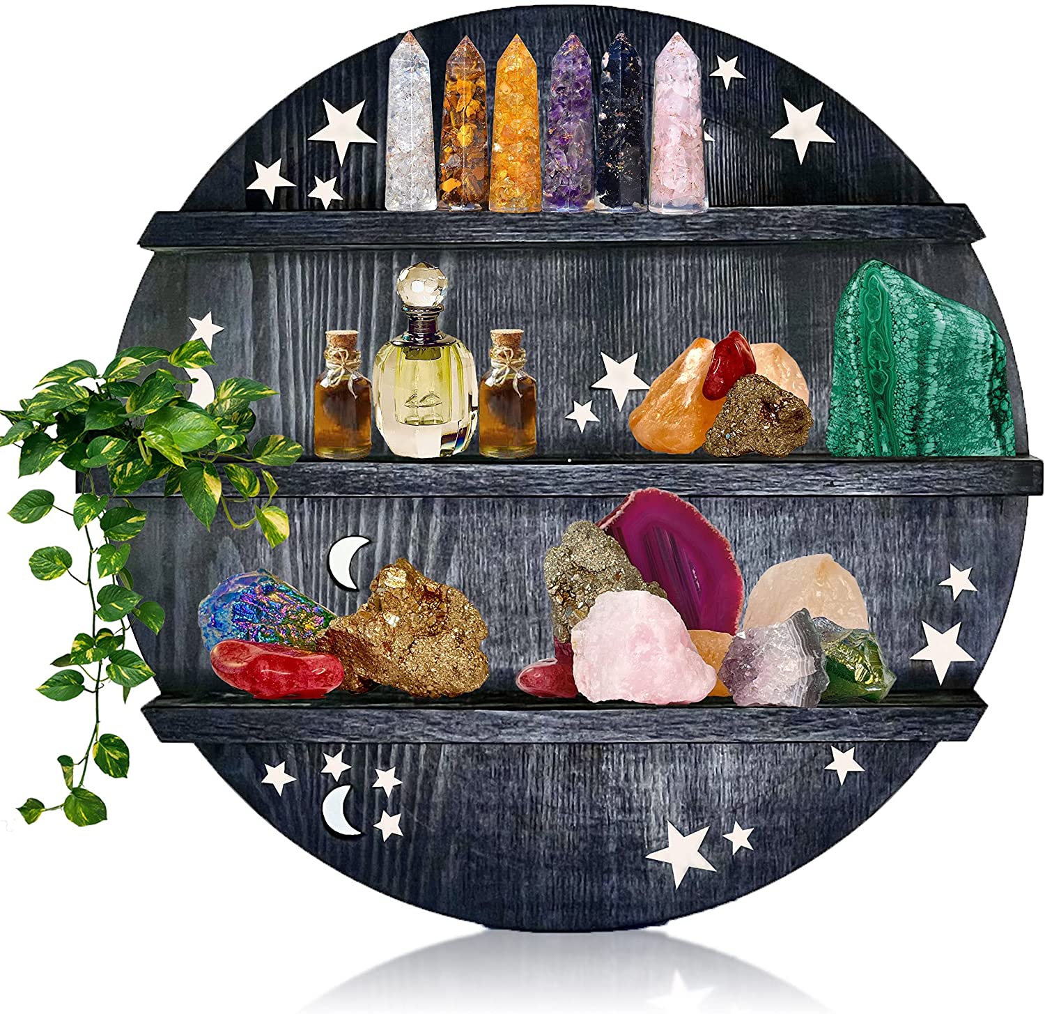 Moon Shelf with LED Lights and Stars Wooden Wall