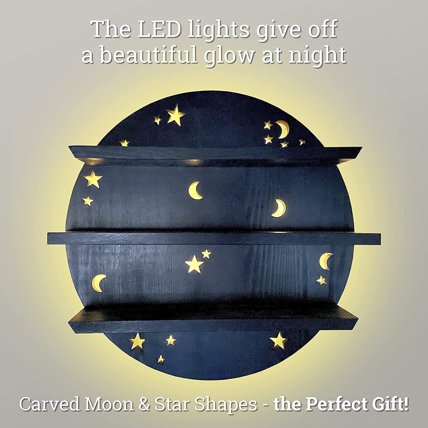 Moon Shelf with LED Lights and Stars Wooden Wall