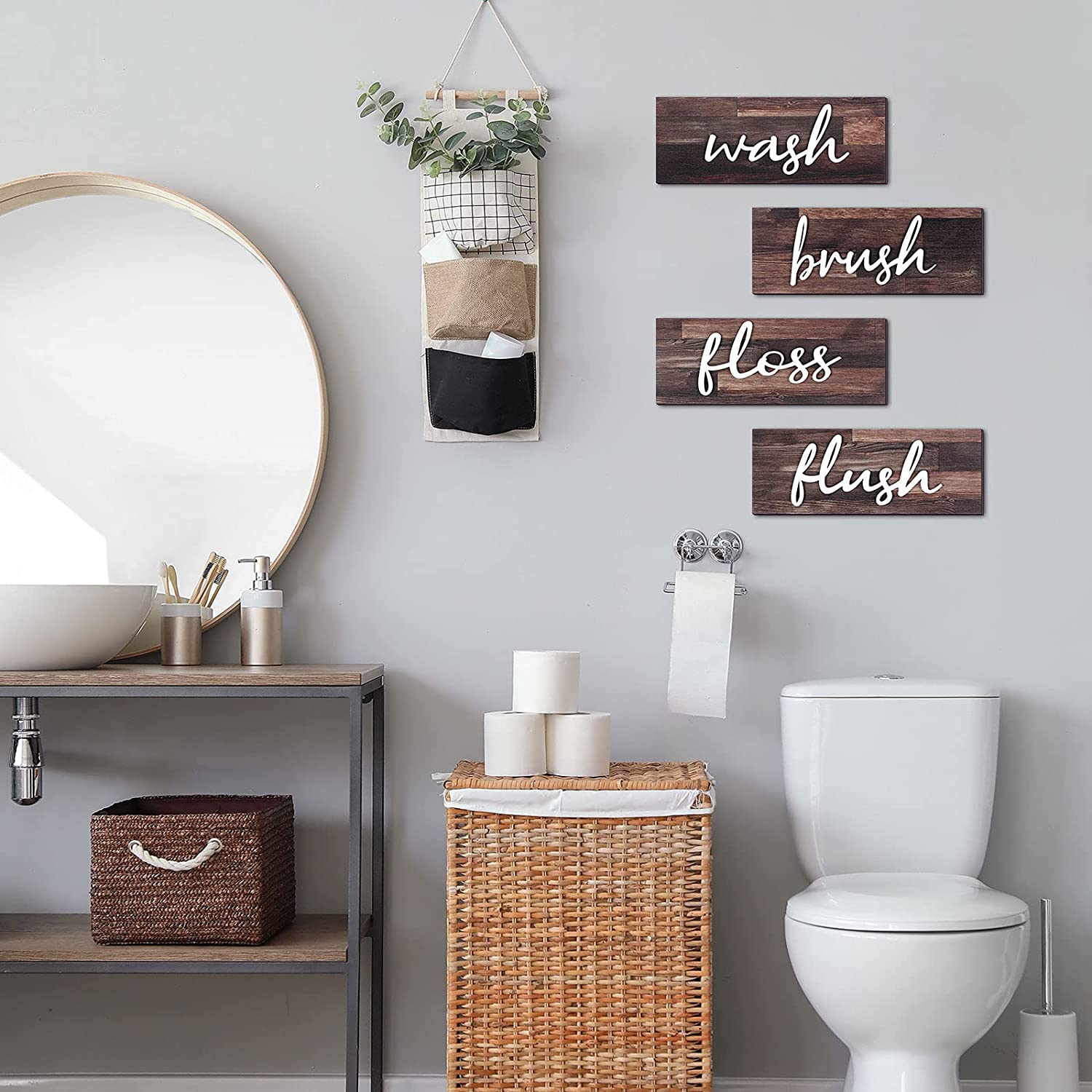 4 Pieces Farmhouse Bathroom Wall Decors Wash Brush Floss Flush Signs Rustic Hanging Wooden Signs